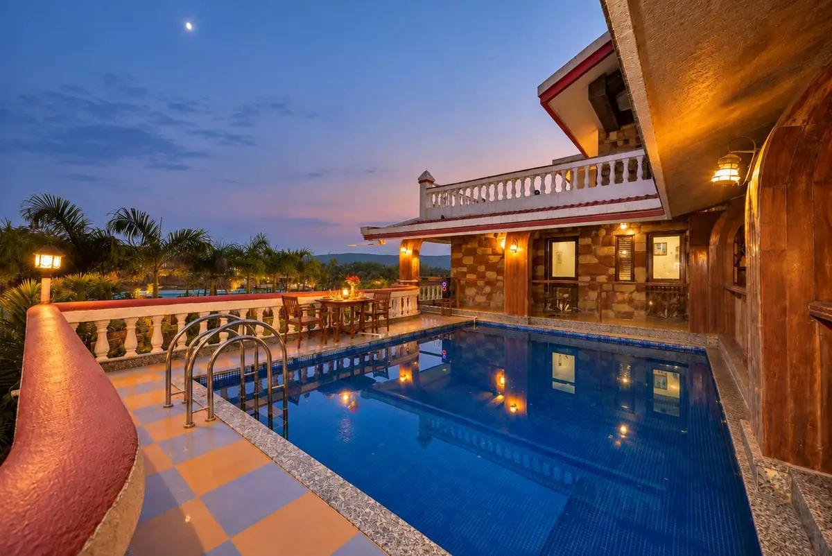 Private swimming pool at Shuubh Mountain Nest 6BHK Villa, a 6 BHK villa in Lonavala on rent